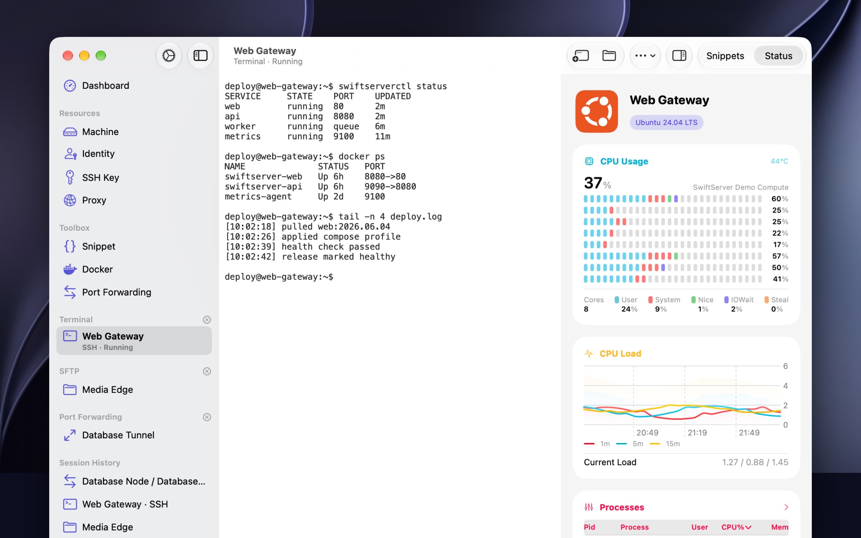 A SwiftServer terminal session on the Mac, with the sidebar of sessions on the left and the Status inspector showing live CPU, load, and processes on the right