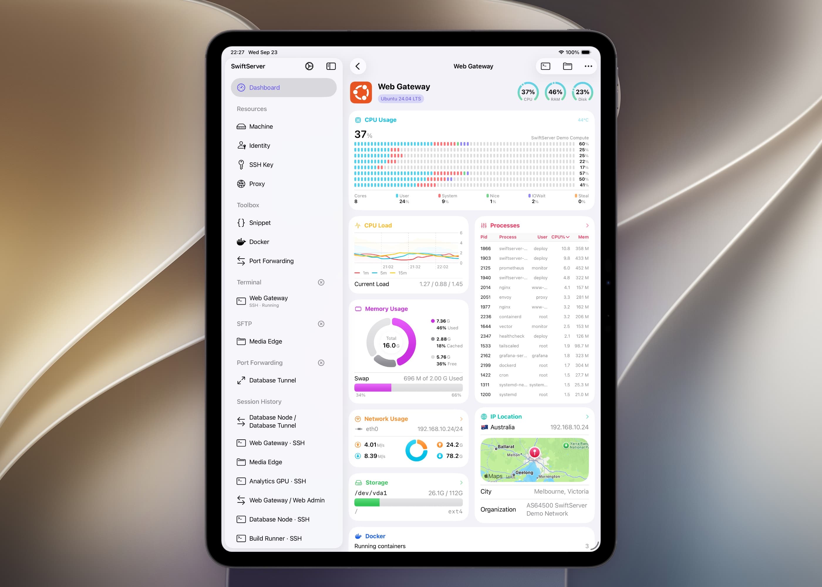 iPad Pro 上 SwiftServer 的服务器状态页:每核心 CPU、负载历史、进程、内存、网络、存储、IP 位置和 Docker 在同一屏