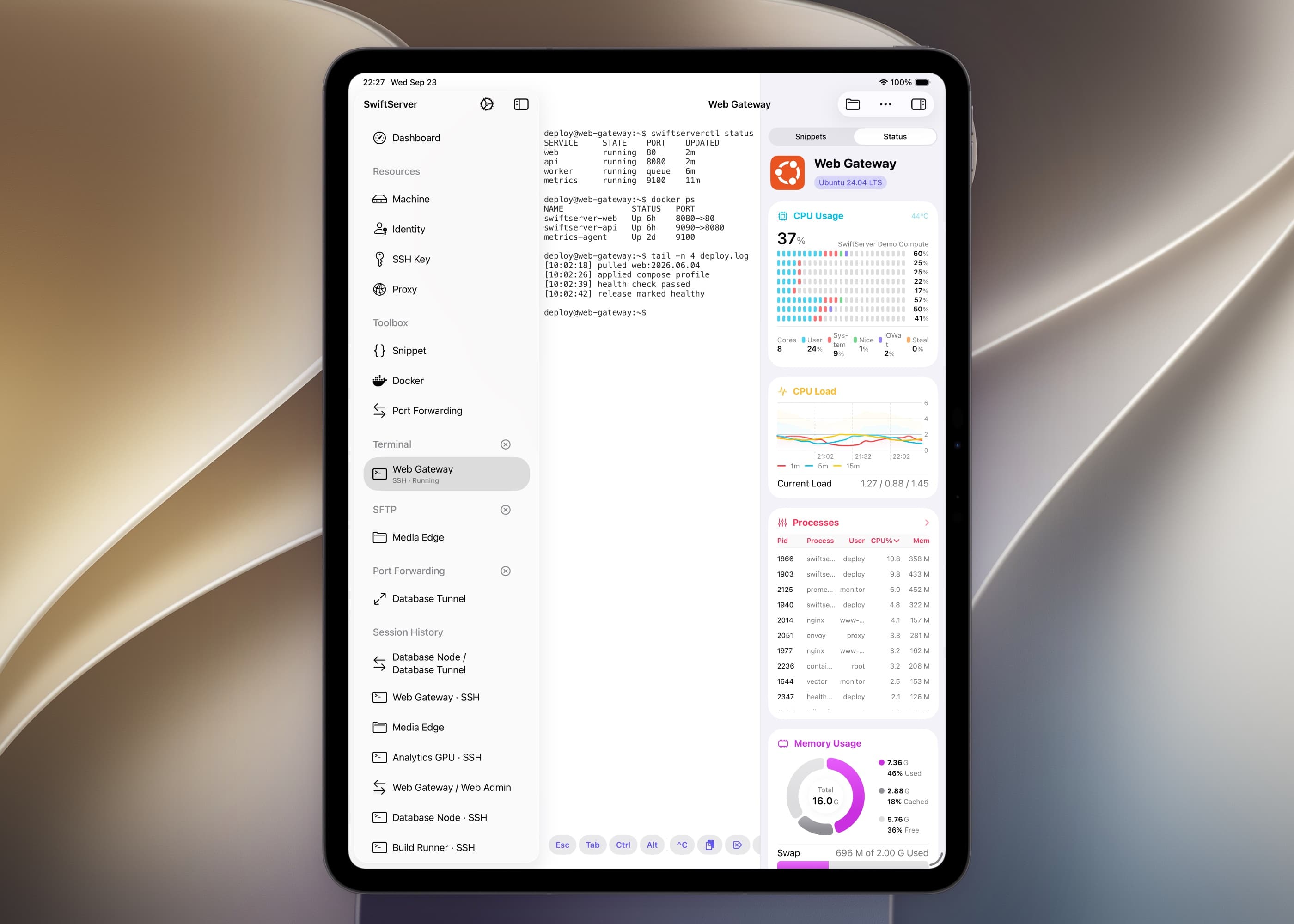 SwiftServer on iPad Pro: an SSH session on the left and the Status inspector on the right, showing live CPU, load, and processes for the same machine