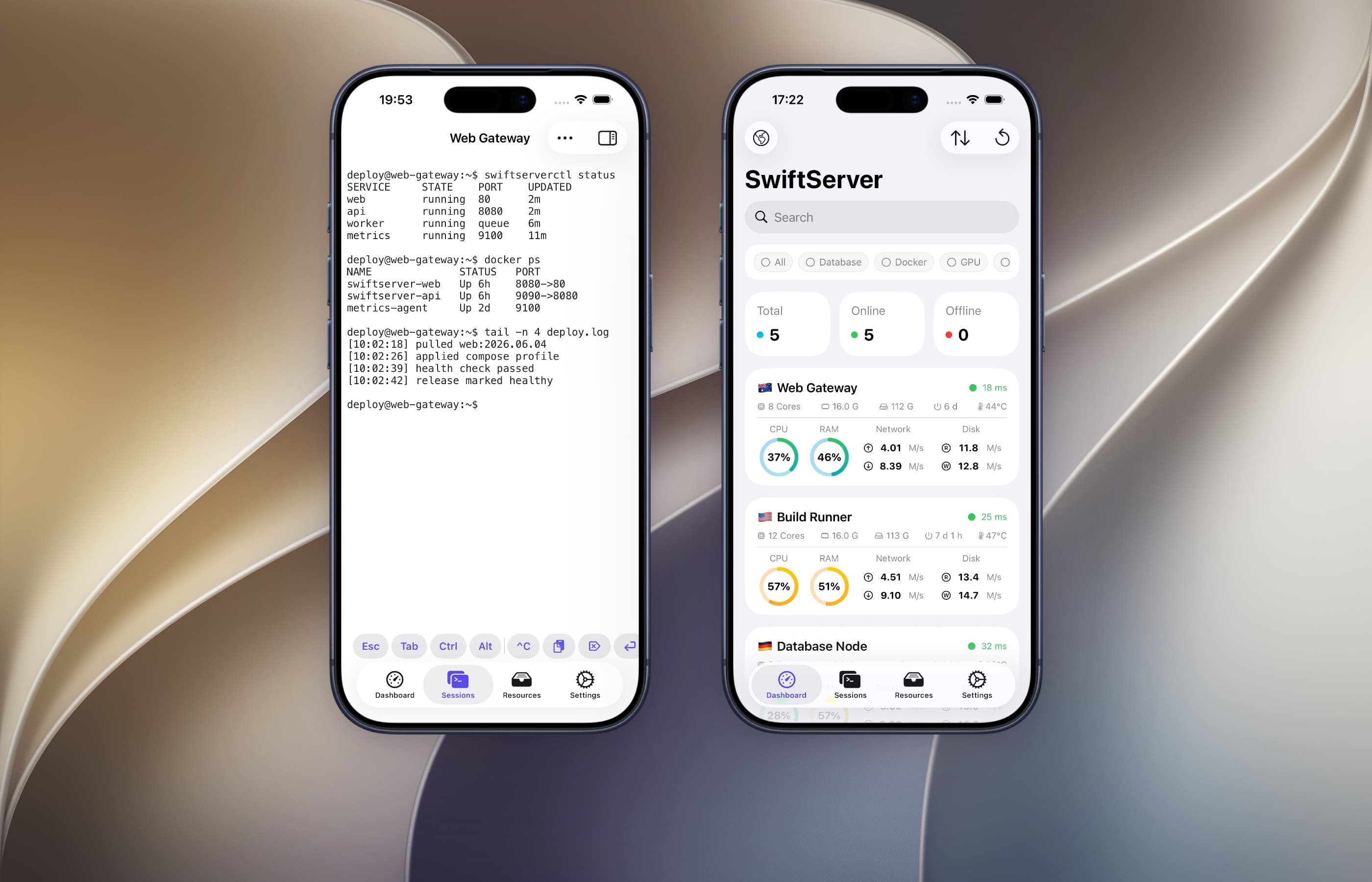 Two iPhones running SwiftServer: an SSH terminal session on the left and the Dashboard with live status cards for every server on the right