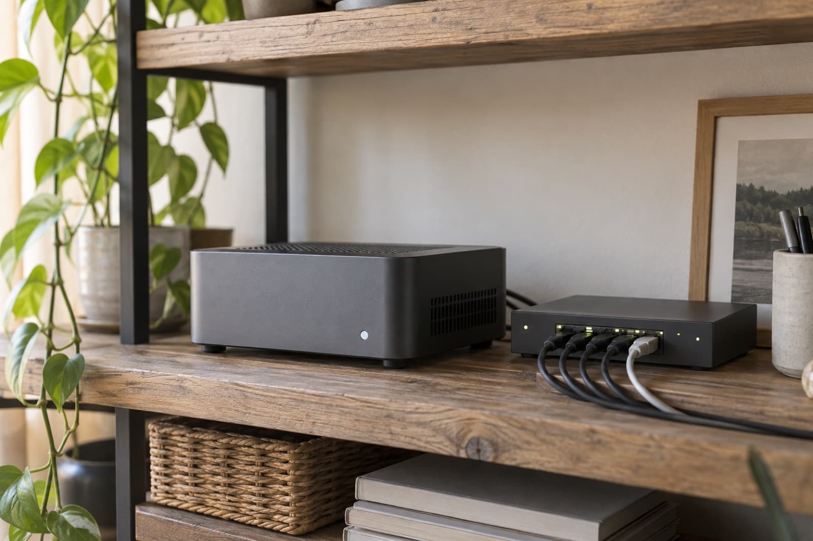 A mini PC and a network switch on a shelf