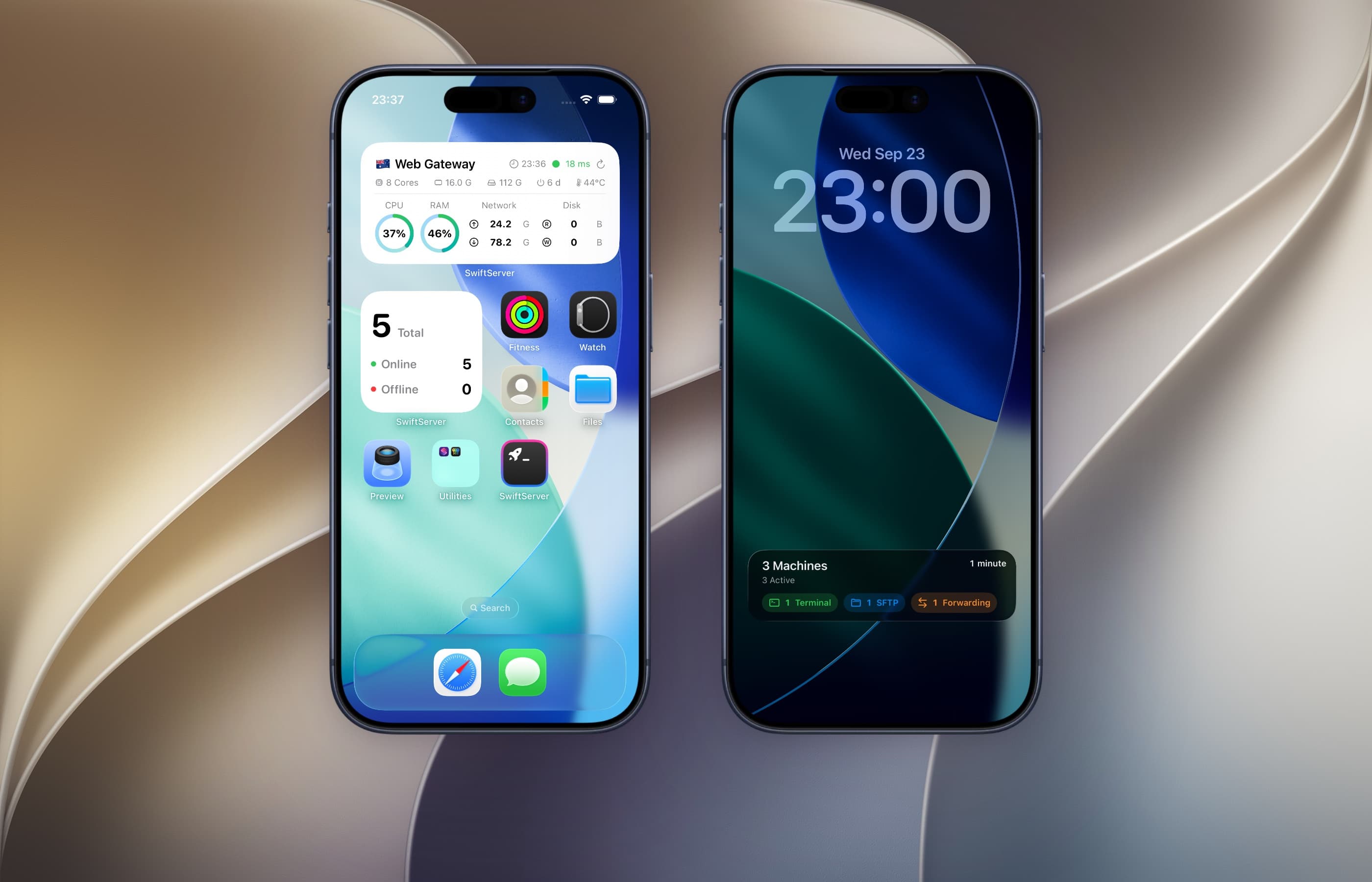 Two iPhones running SwiftServer: Home Screen widgets showing server counts and one machine's live status, and the Lock Screen Live Activity listing active terminal, SFTP, and forwarding sessions