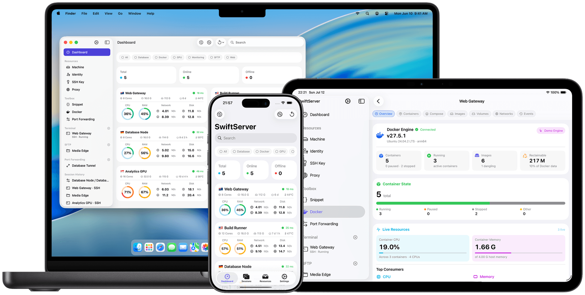 SwiftServer running on a MacBook Pro, iPad, and iPhone, showing the same servers on each device