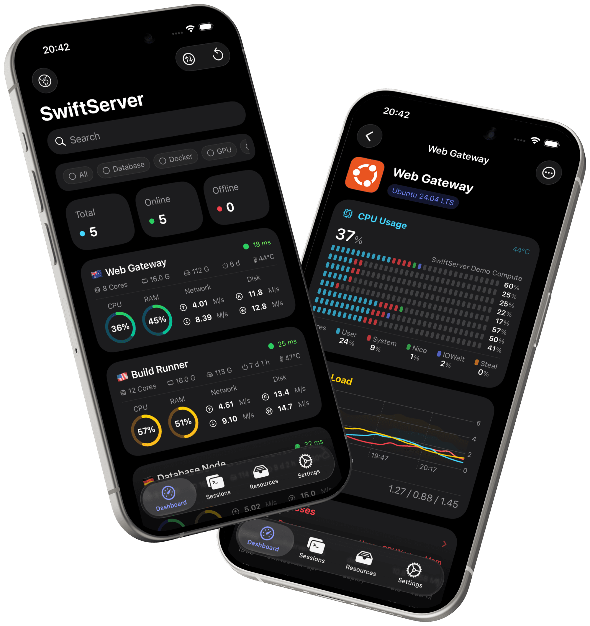 SwiftServer dashboard and live status page on two iPhones, in dark mode