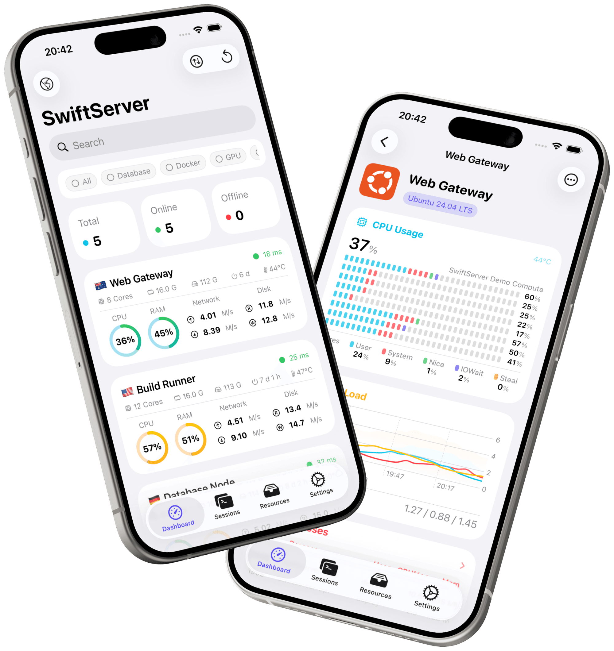 SwiftServer dashboard and live status page on two iPhones